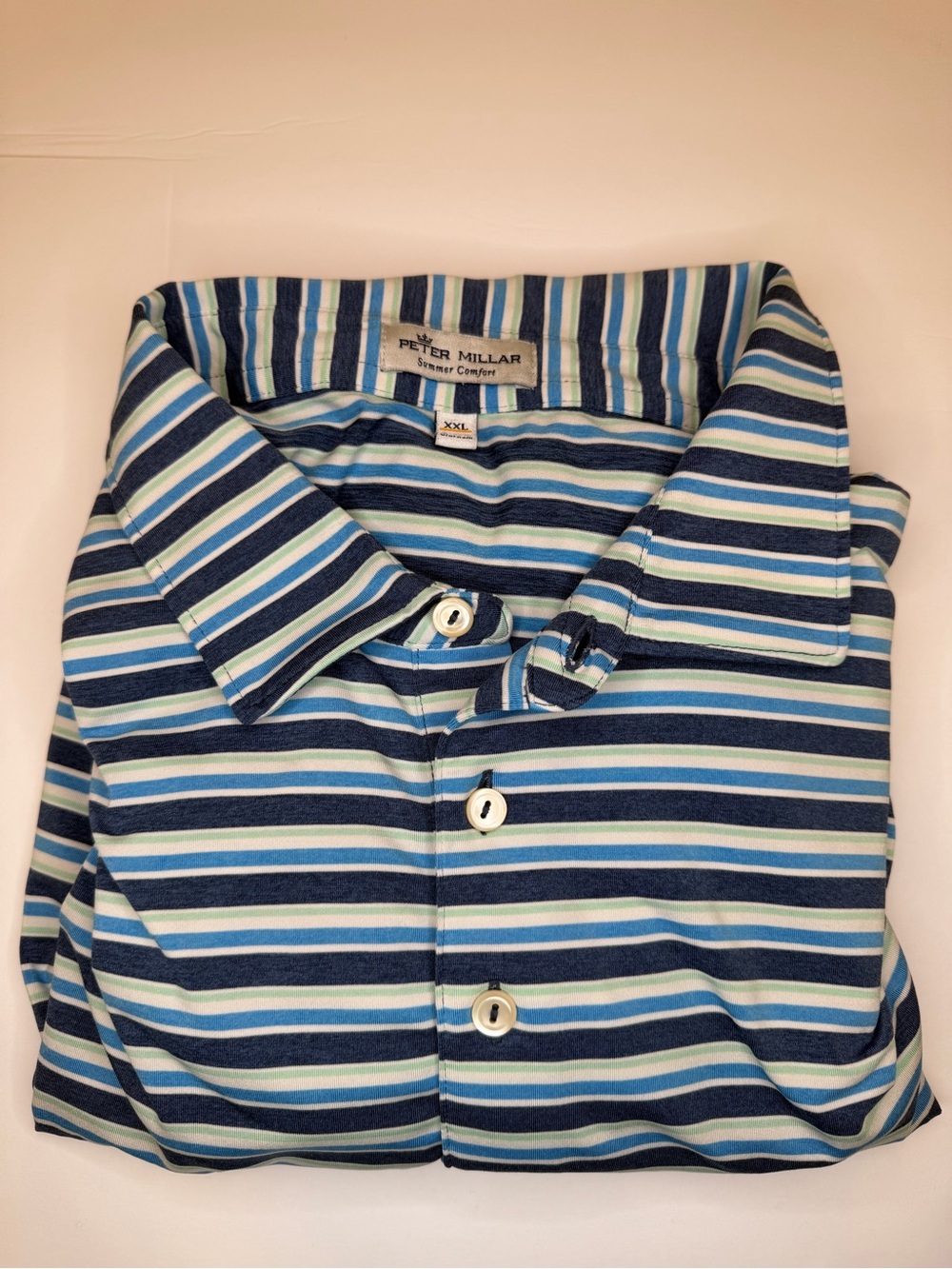 Peter Millar Summer Comfort | Mens XXL | Blue Green Striped Polo Logo On Sleeve